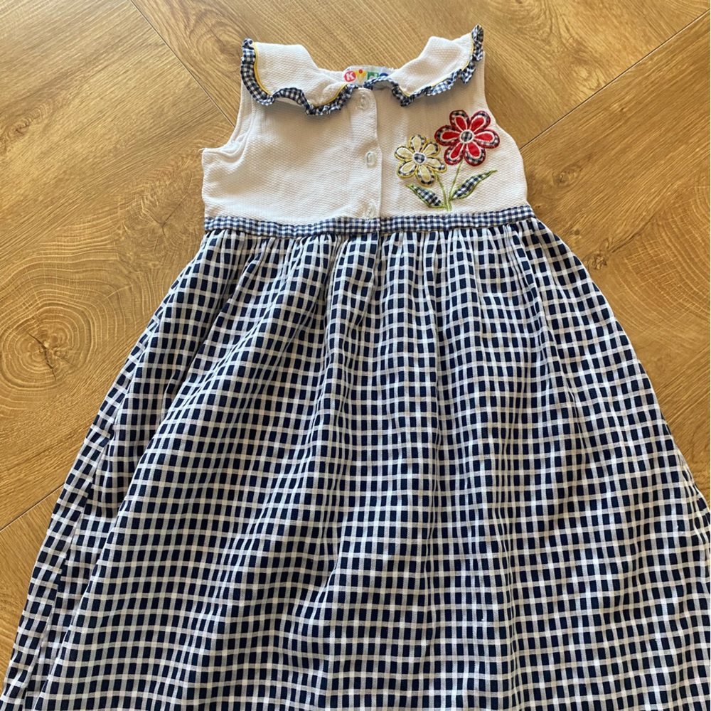 👗 Vintage Blue and White Checkered Dress with Floral Embroidery